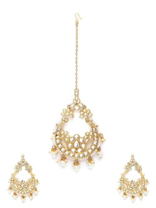 gold plated pearl earring & maang tikka set - 18633161 - Standard Image - 0
