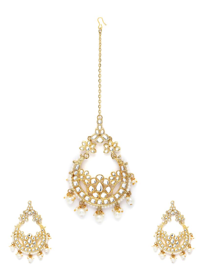 gold plated pearl earring & maang tikka set - 18633161 - Zoom Image - 0