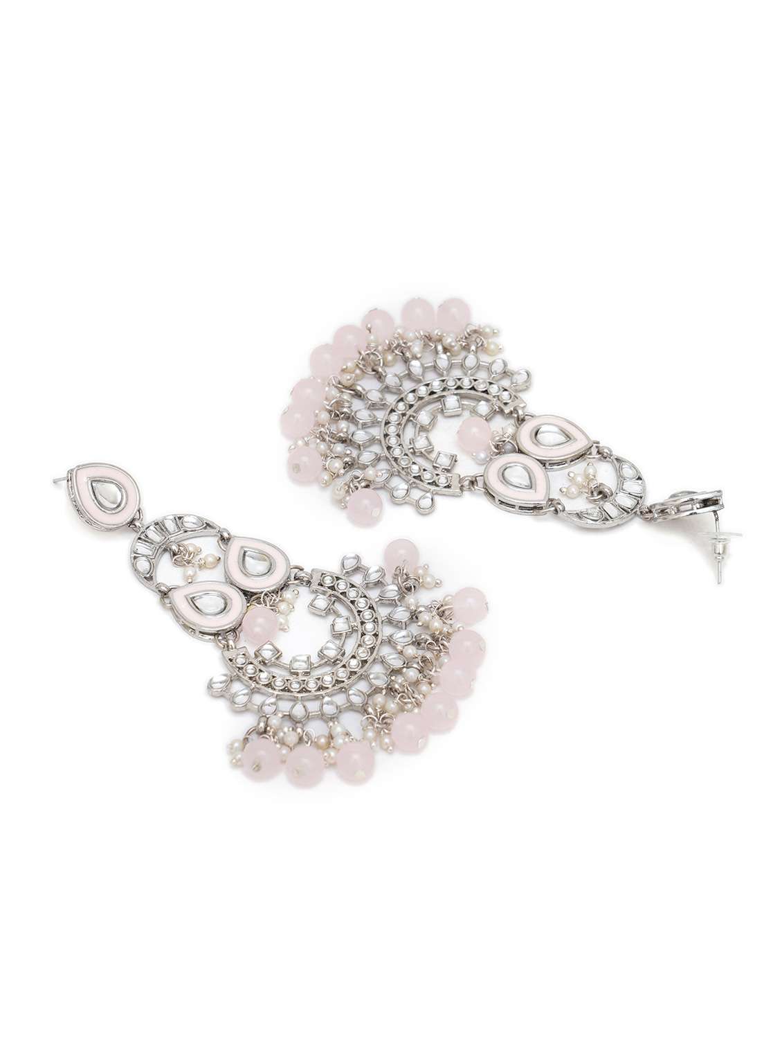 Oxidised Silver Pink Beads Kundan Dangler Earrings 
