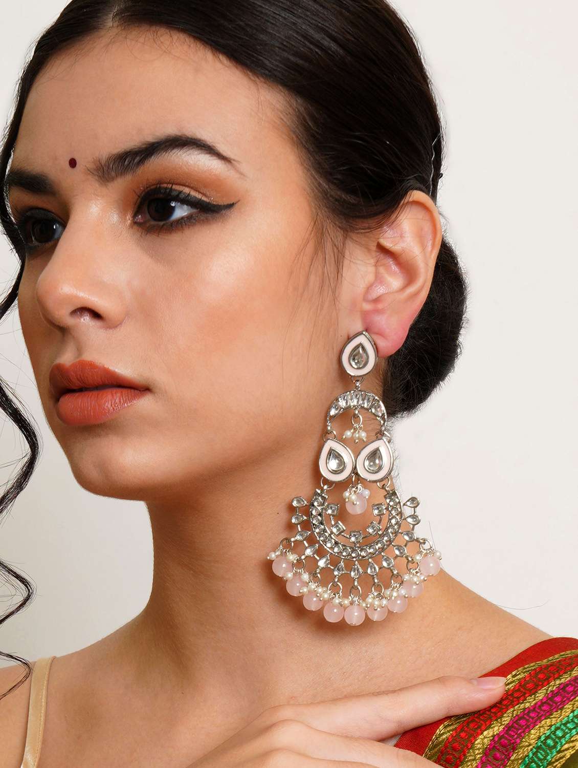 Oxidised Silver Pink Beads Kundan Dangler Earrings 
