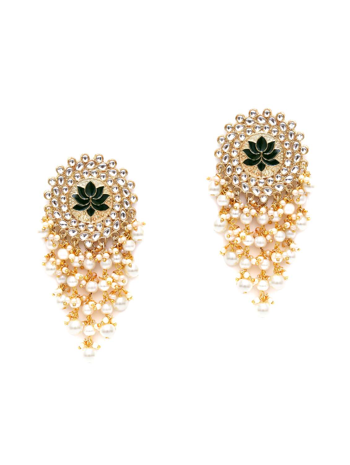 Gold Plated Green Meena Pearl Beads Kundan Dangler Earrings 