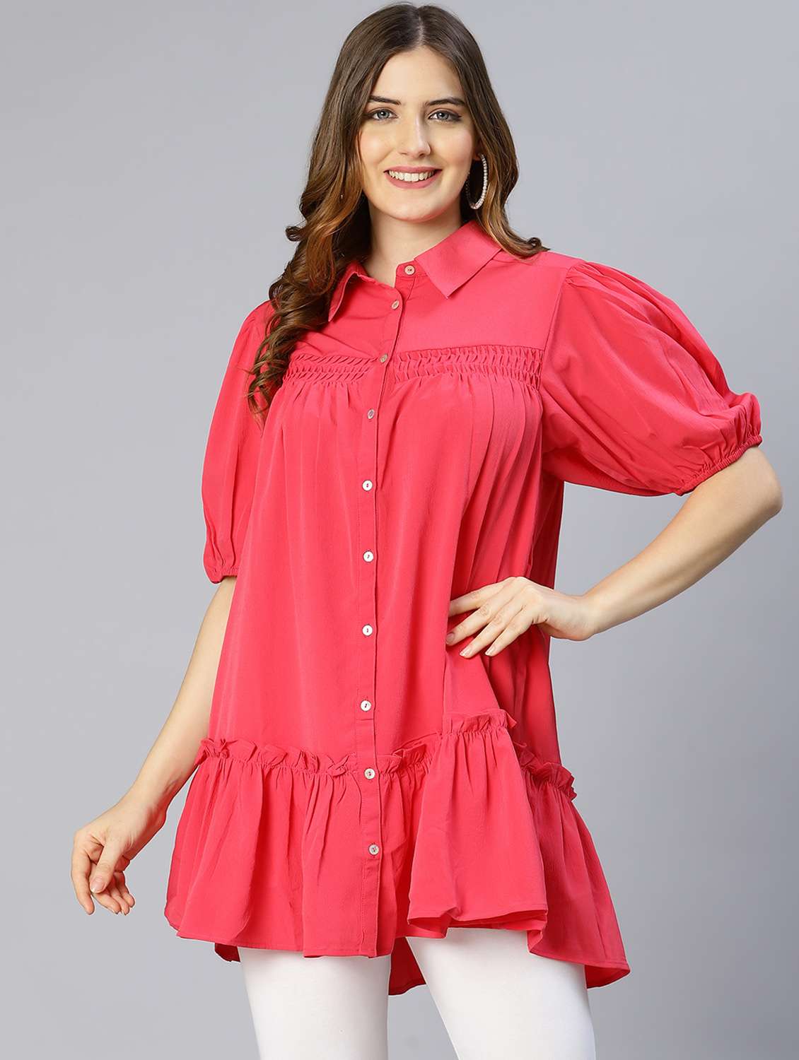 puff sleeved solid regular tunic - 18633637 - Zoom Image - 0