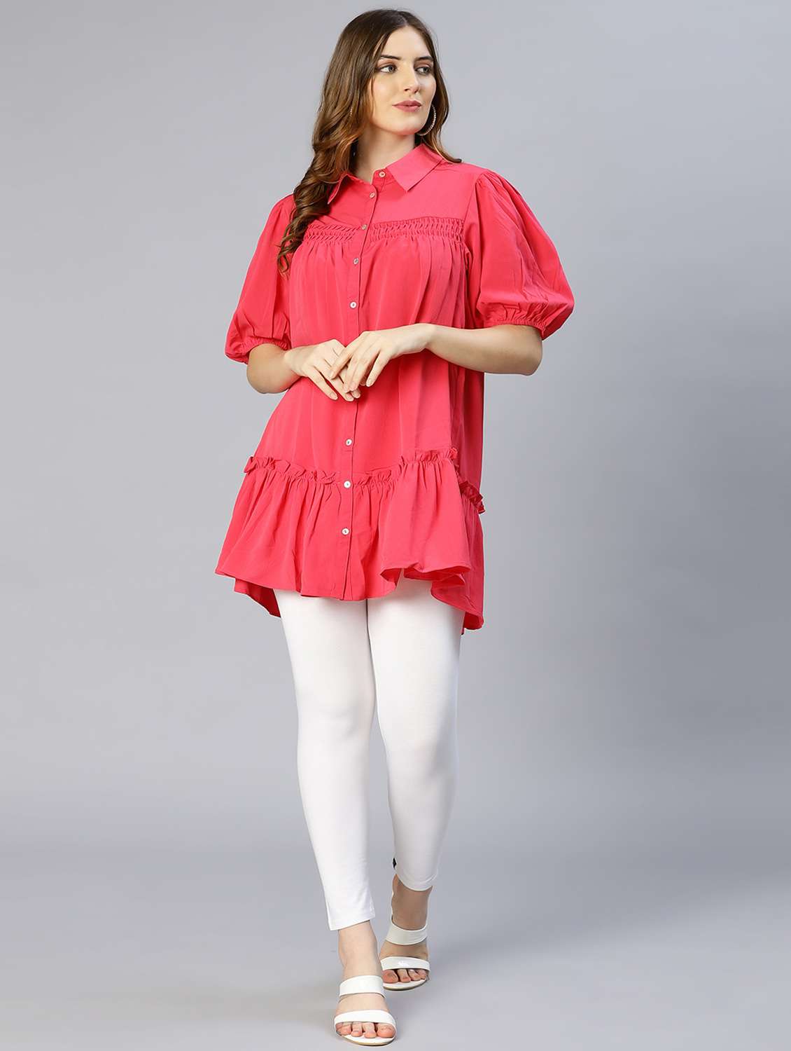 puff sleeved solid regular tunic - 18633637 - Standard Image - 5