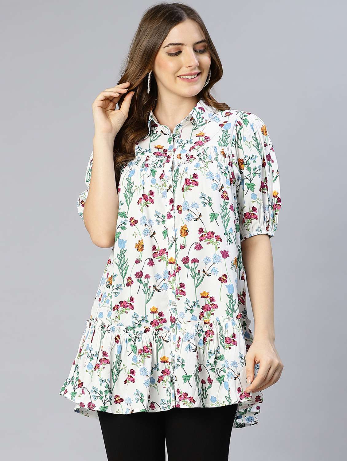 shirt collar printed regular tunic - 18633638 - Zoom Image - 0