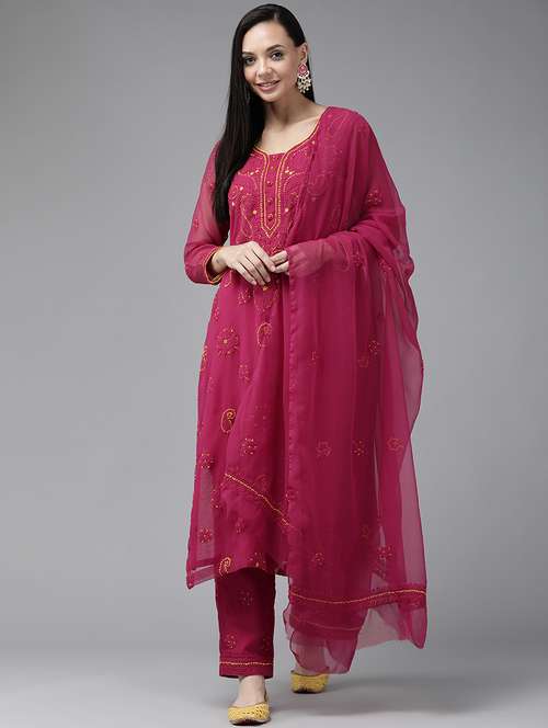 ada hand-embroidered magenta chikankari unstitched suit set - 18633686 - Standard Image - 0