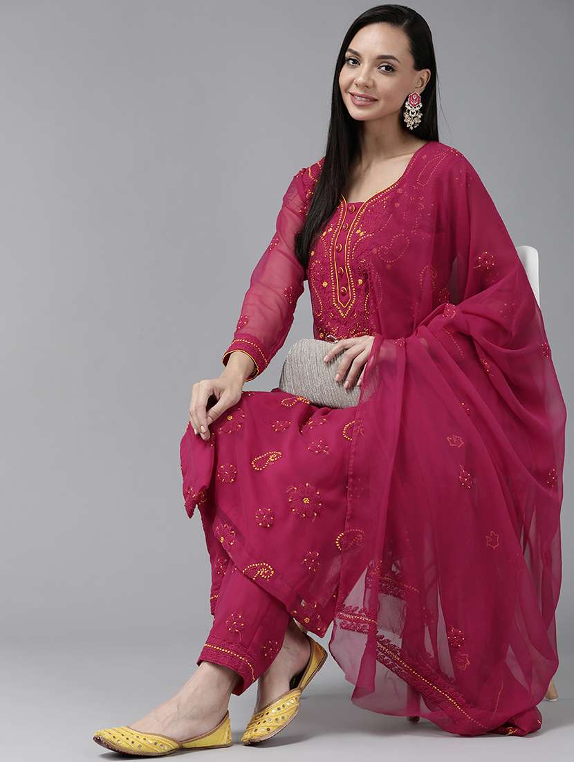 ada hand-embroidered magenta chikankari unstitched suit set - 18633686 - Standard Image - 3