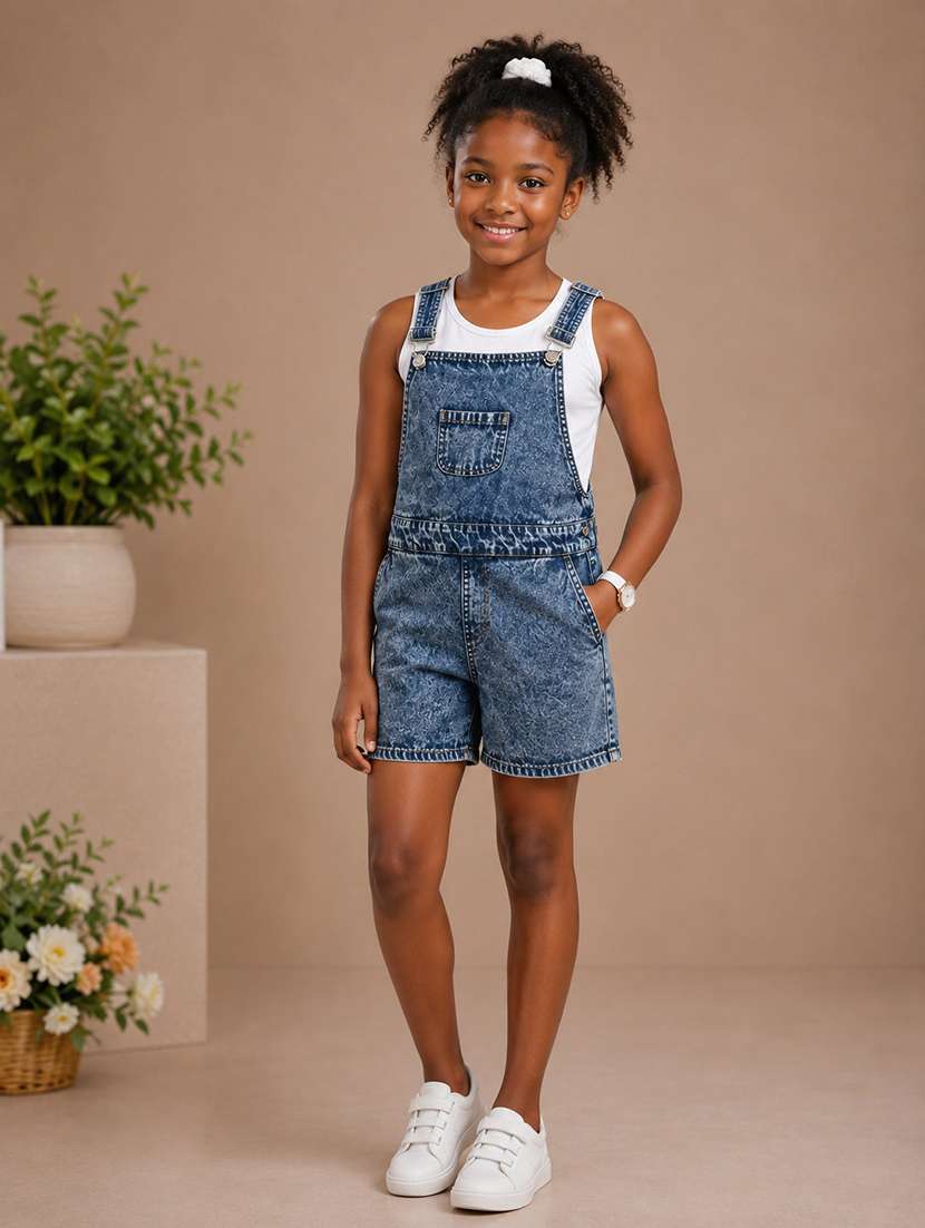 girls square neck solid denim dungarees 