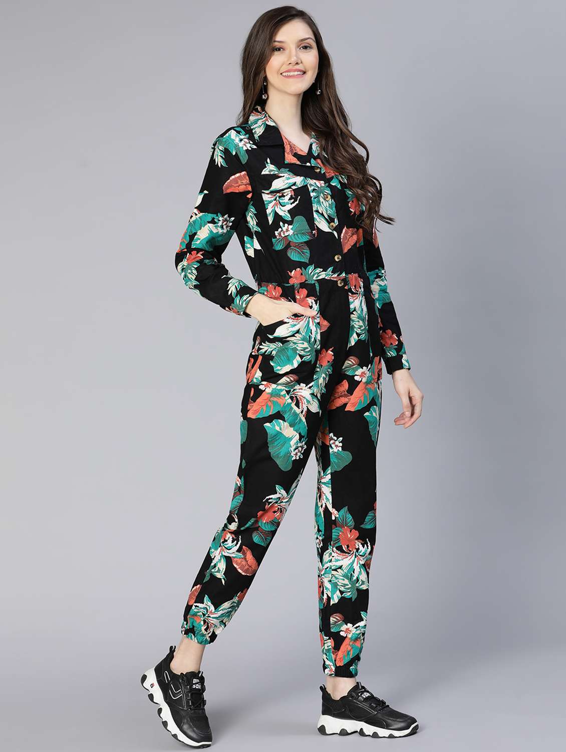 lapel neck floral full leg jumpsuit - 18634457 -  Standard Image - 3