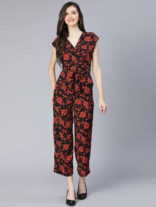 v-neck printed full leg jumpsuit
