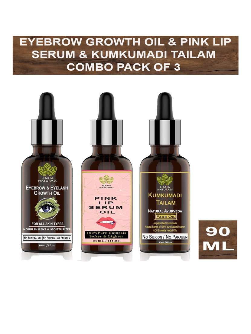 100% pure & naturals eyebrow & eyelashes growth oil 30ml & pink lips serum 30ml & kumkumadi tailam 30ml combo (pack of 3) 90ml