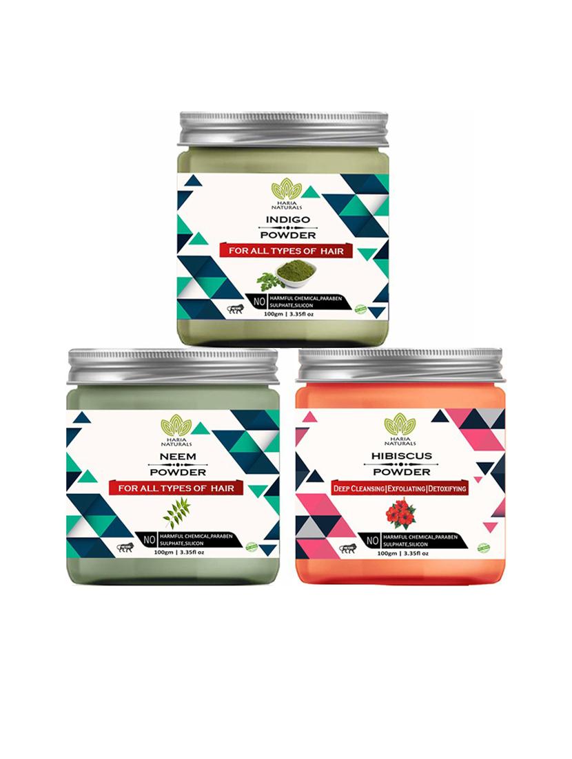 100% pure & naturals indigo powder 100gm & neem powder 100gm & hibiscus powder 100gm (pack of 3) 300gm - 18635621 -  Zoom Image - 0