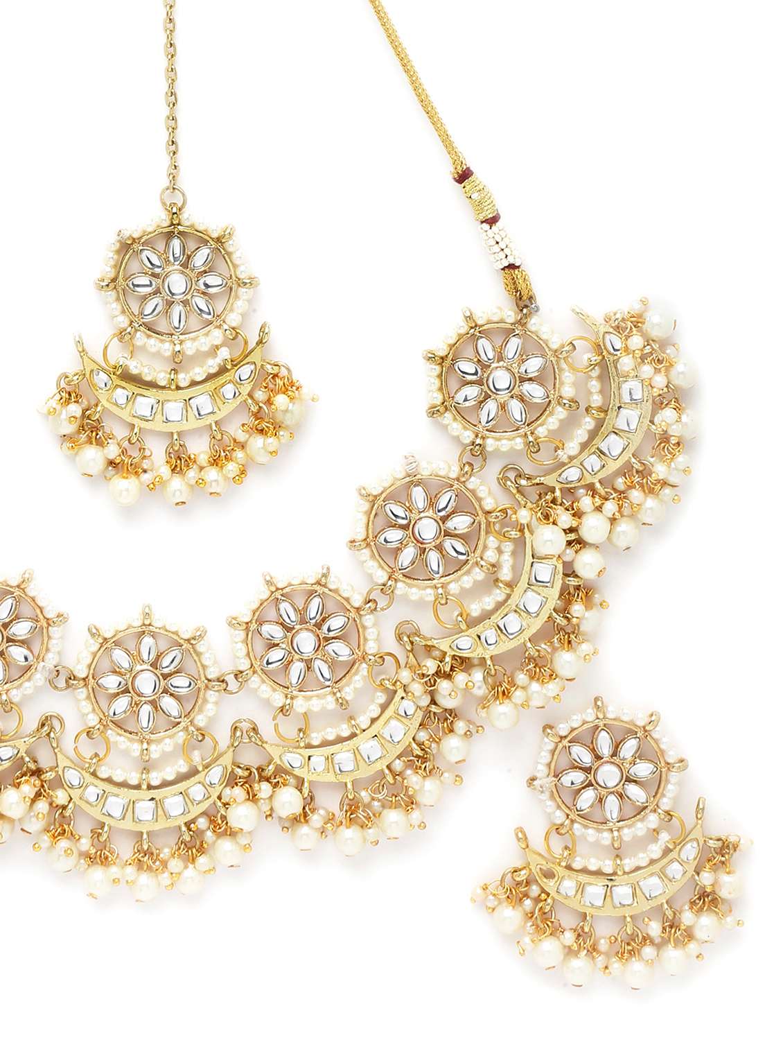 gold plated white plearl chand shape kundan necklace earrings and maang tikka set  - 18635780 -  Standard Image - 3