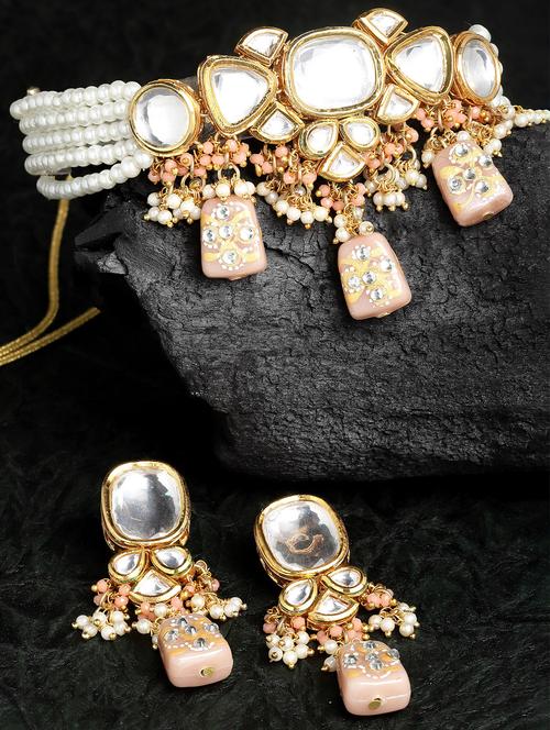 karatcart peach designer tumble polki kundan necklace set  - 18635782 -  Standard Image - 0