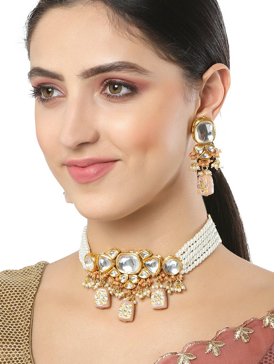 karatcart peach designer tumble polki kundan necklace set - 18635782 - Standard Image - 5