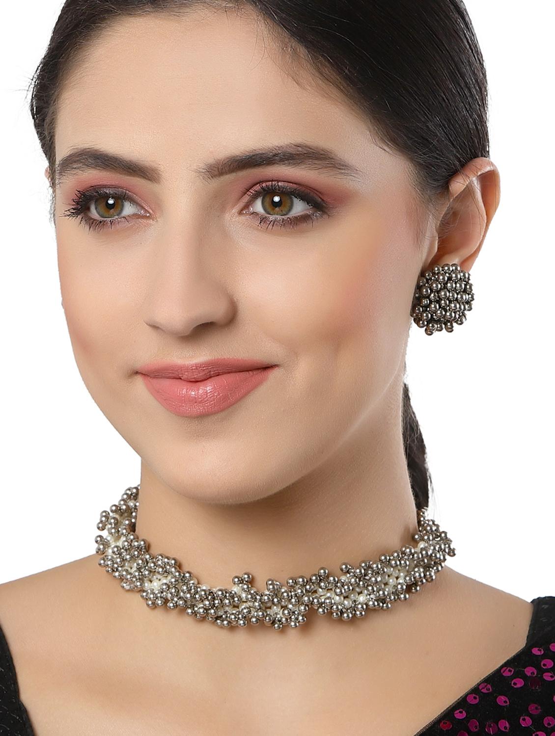 karatcart white pearl and silver boll studded choker necklace set - 18635785 - Standard Image - 5