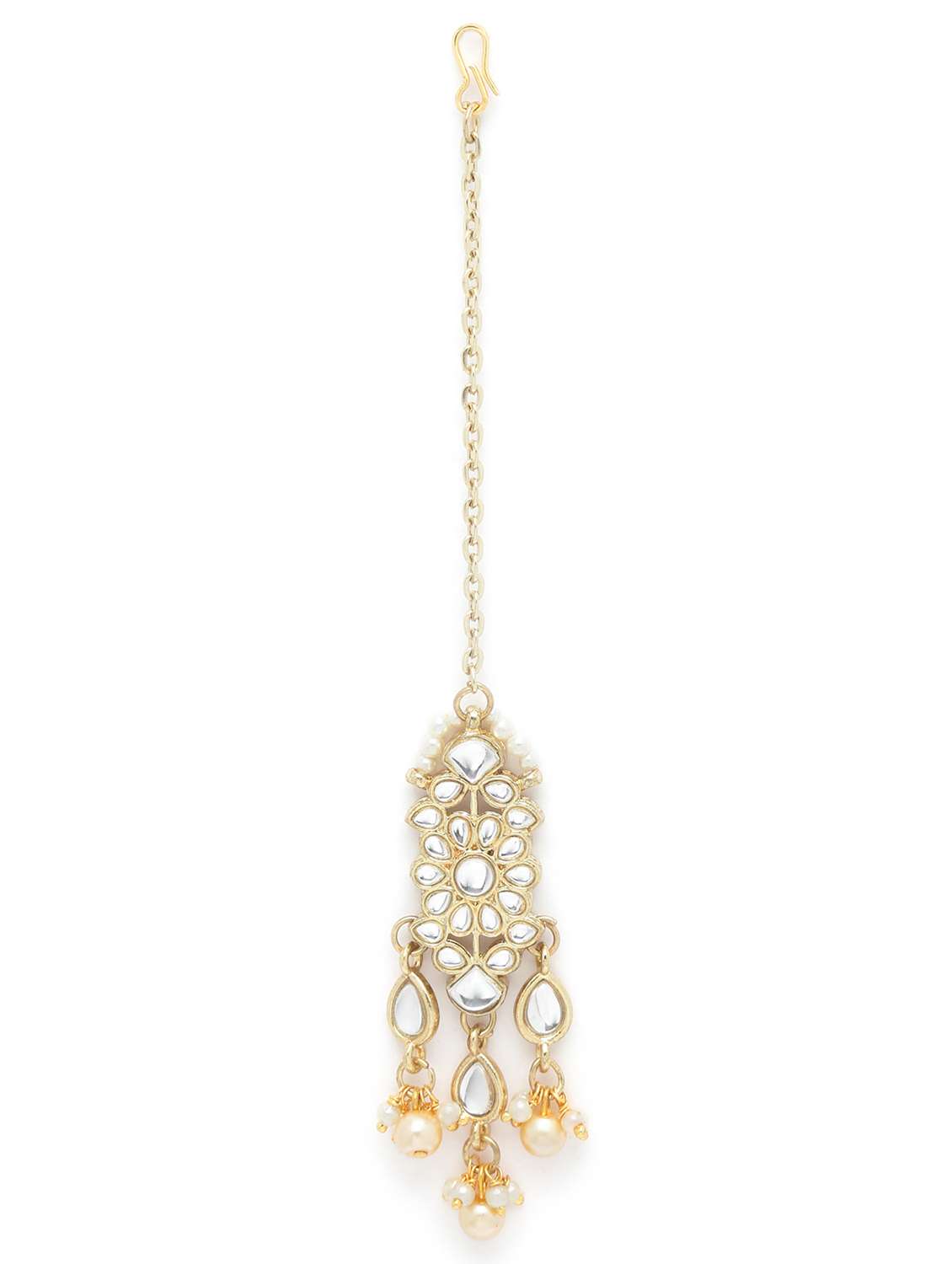 gold plated handcrafted golden pearl and kundan necklace, earring and maang tikka set  - 18635791 -  Standard Image - 3