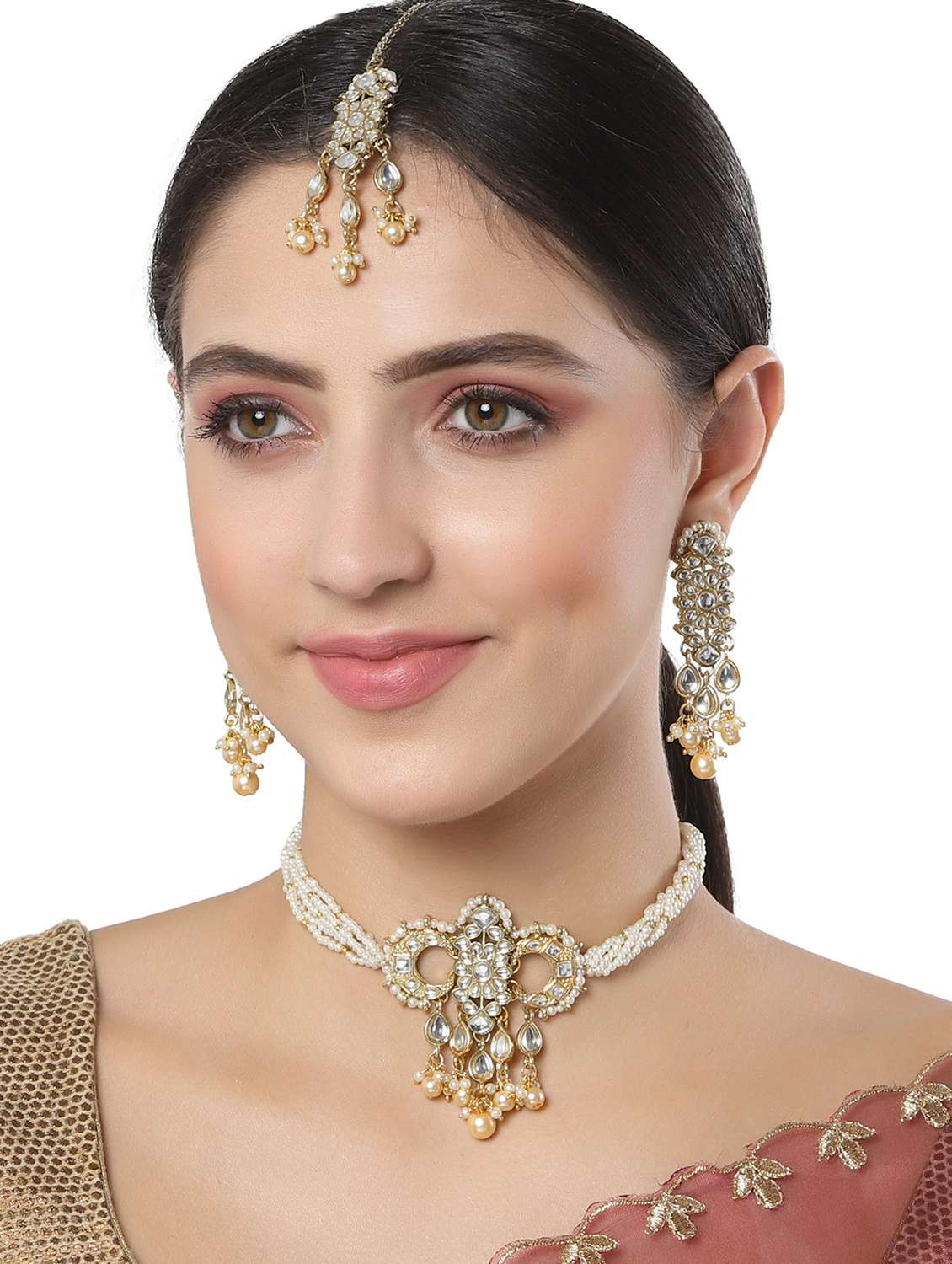 gold plated handcrafted golden pearl and kundan necklace, earring and maang tikka set  - 18635791 -  Standard Image - 5