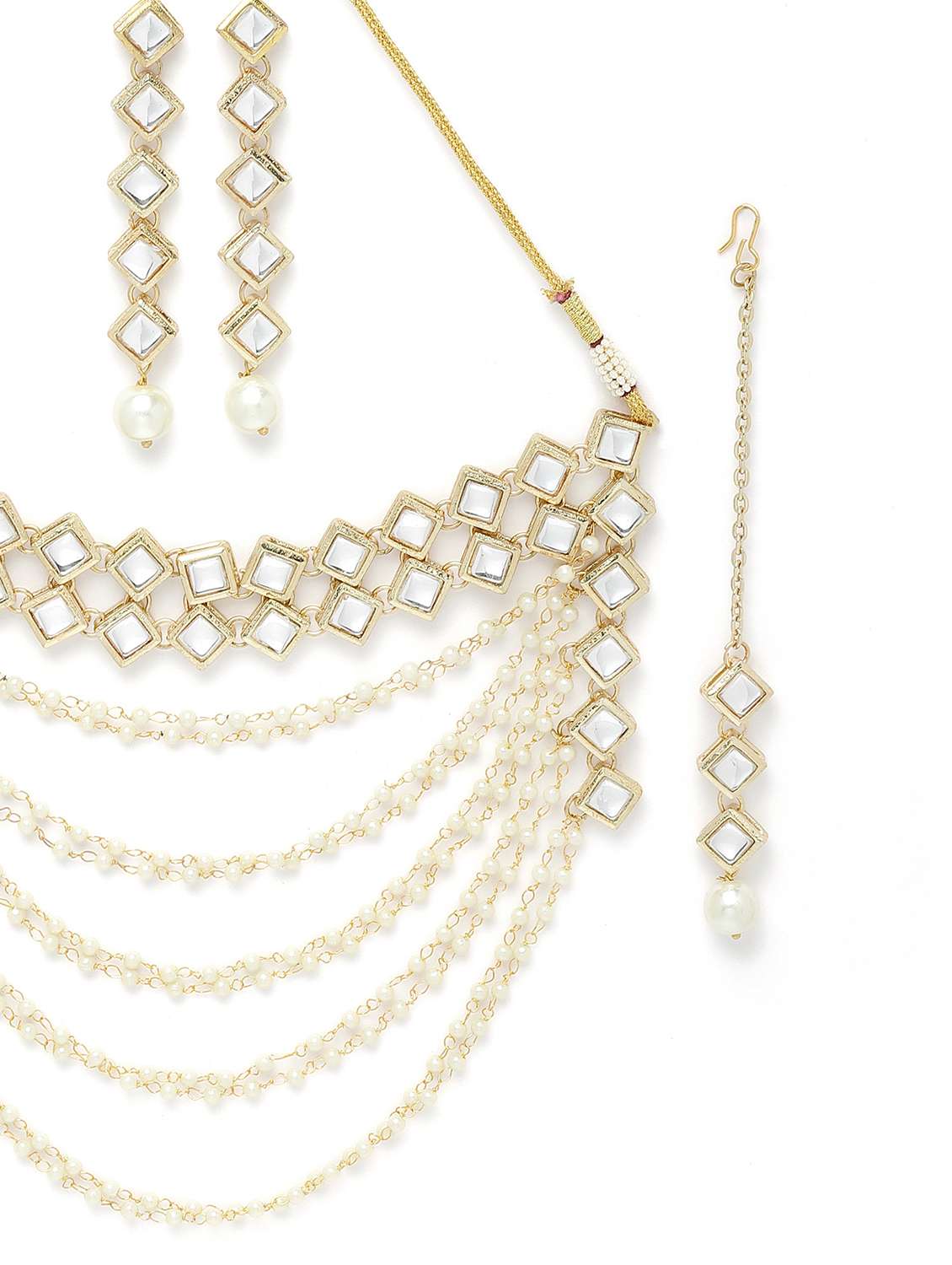 karatcart gold plated pearl chain kundan necklace earrings and maang tikka set - 18635792 - Standard Image - 3
