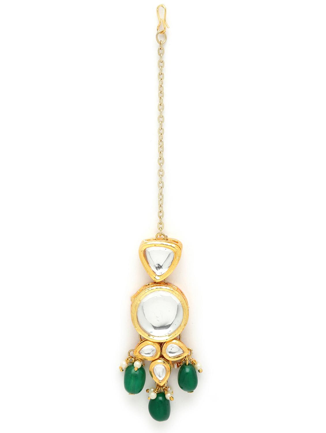 karatcart green gold plated crystal and polki kundan necklace earring and maang tikka set - 18635793 - Standard Image - 3