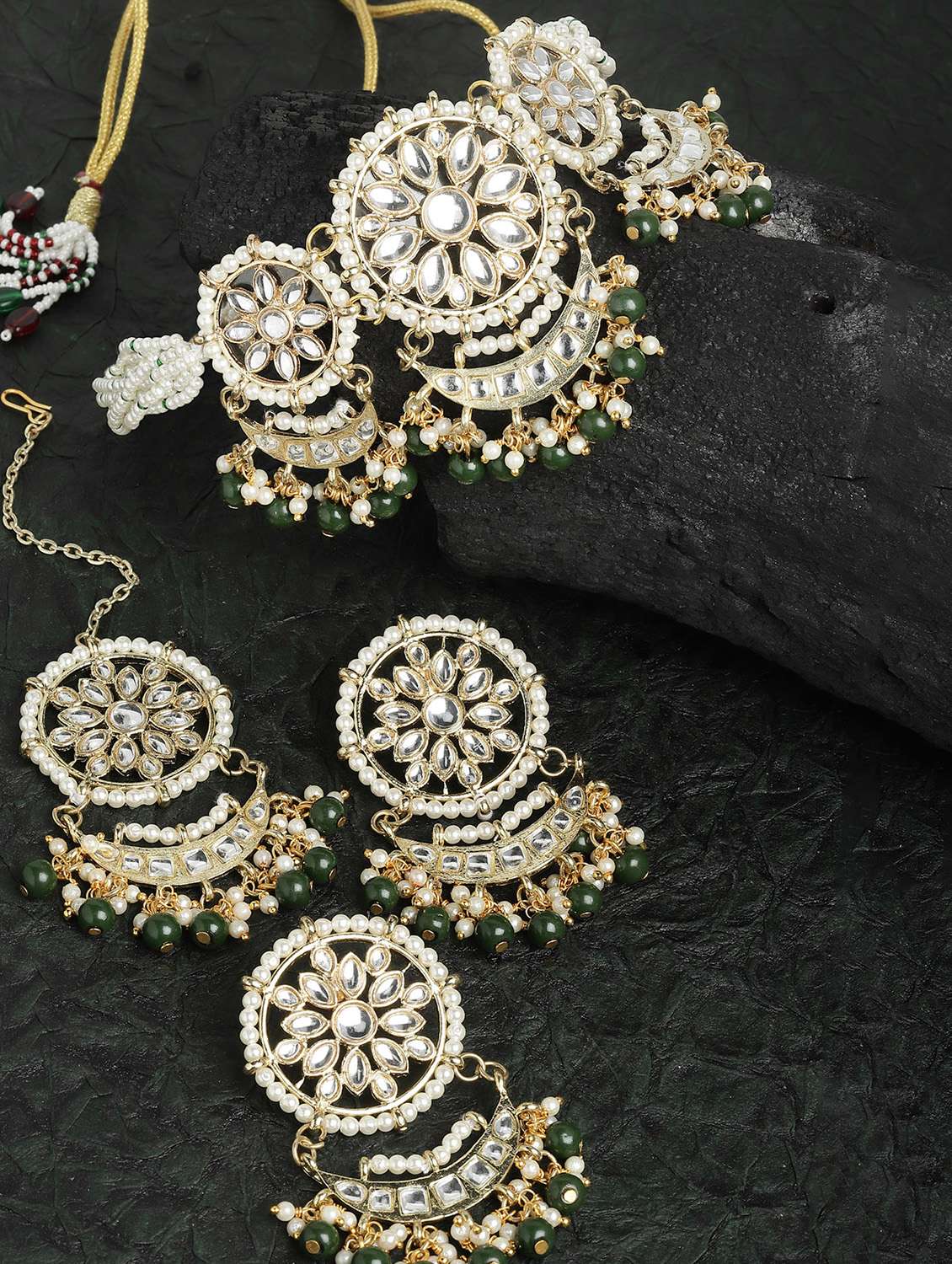 green beads studded gold plated kundan necklace, earring and maang tikka set 