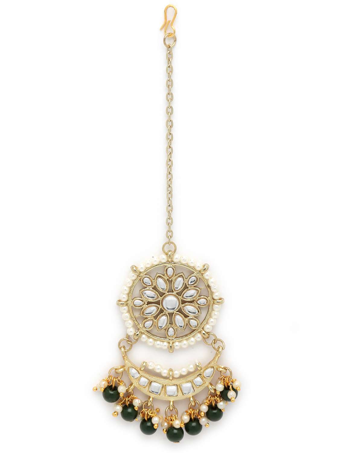 green beads studded gold plated kundan necklace, earring and maang tikka set  - 18635794 -  Standard Image - 3