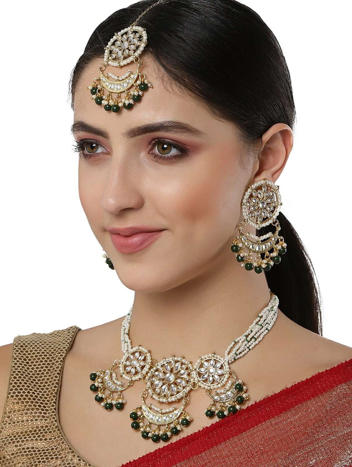 green beads studded gold plated kundan necklace, earring and maang tikka set  - 18635794 -  Standard Image - 5