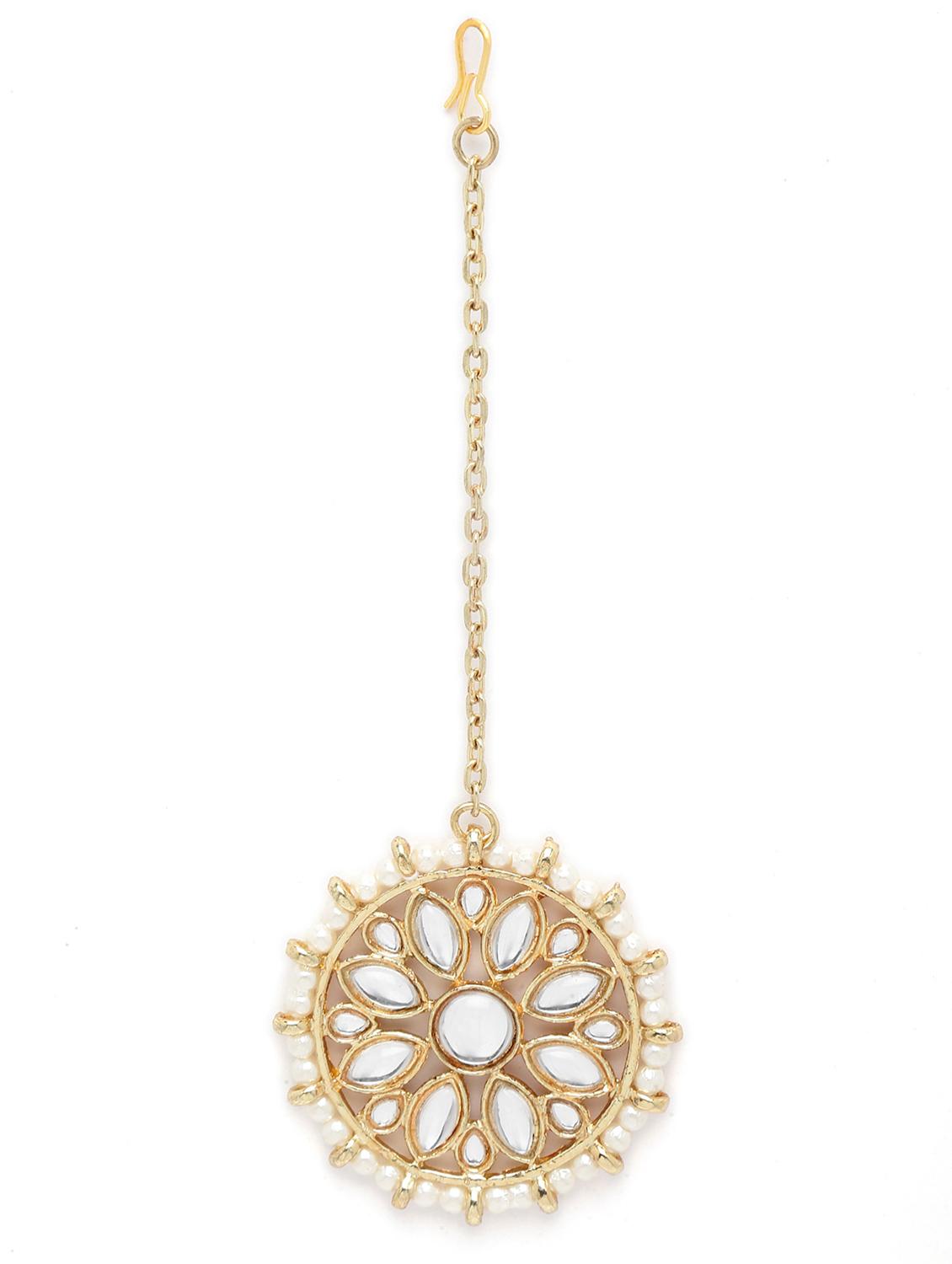 pearl beaded gold plated kundan earring and maang tikka set - 18635796 - Standard Image - 3