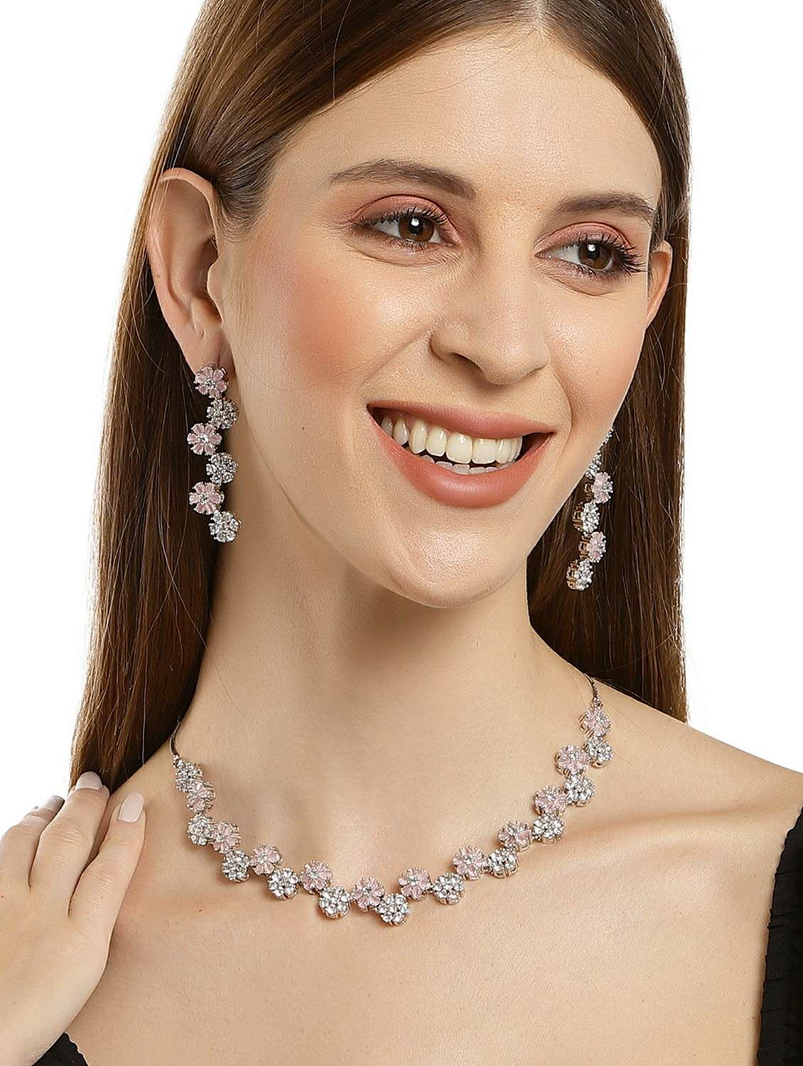 karatcart silver tone pink floral ad necklace set - 18635811 - Standard Image - 5