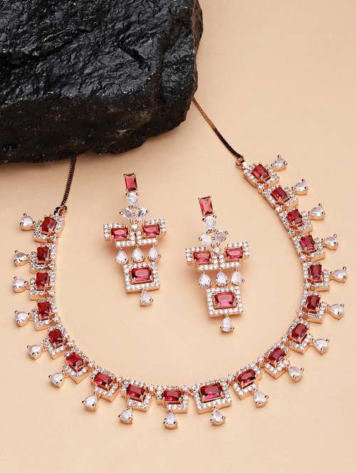 karatcart rose gold plated red cubic zirconia studded necklace set  - 18635823 -  Standard Image - 0