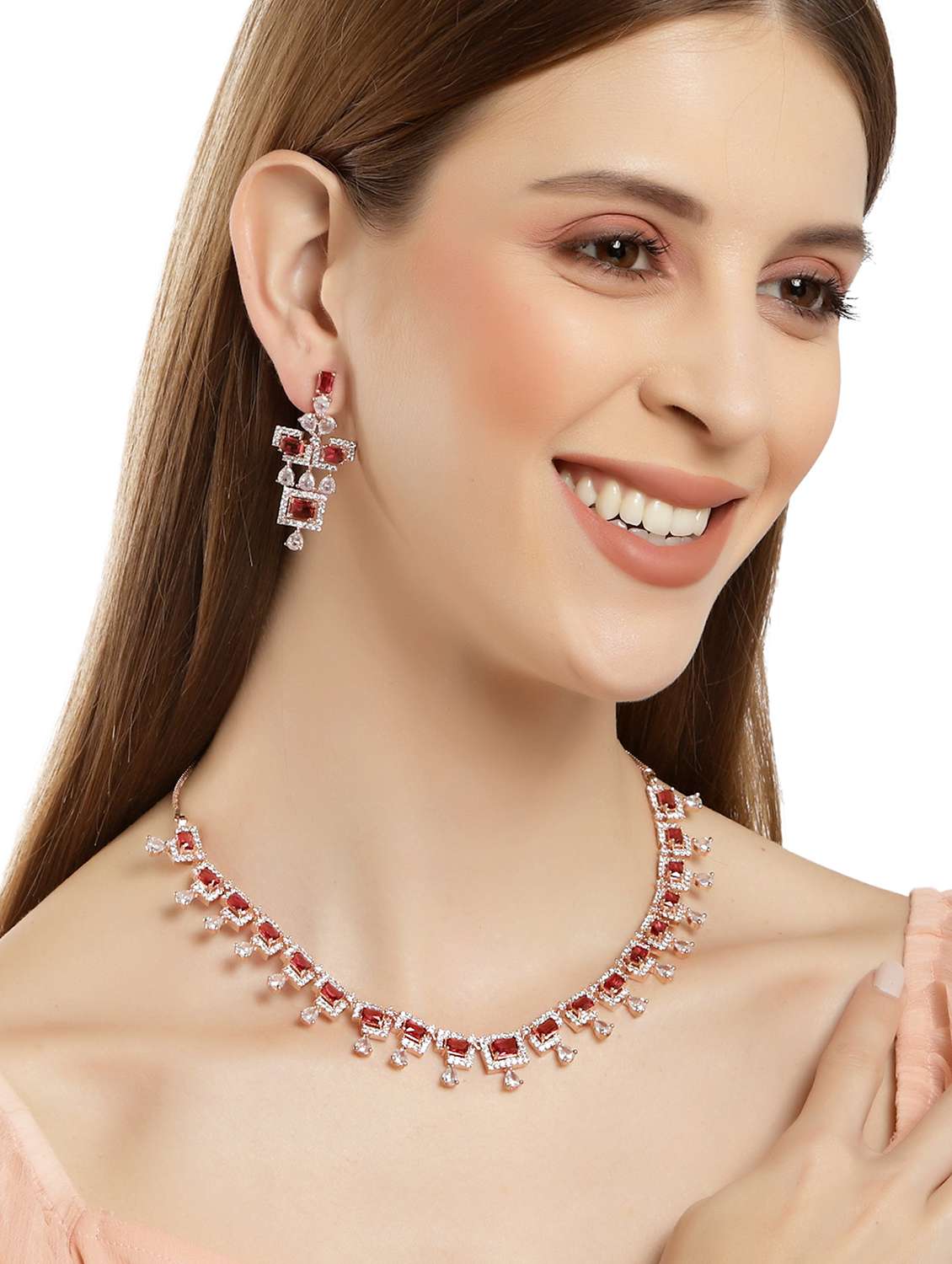karatcart rose gold plated red cubic zirconia studded necklace set - 18635823 - Standard Image - 5