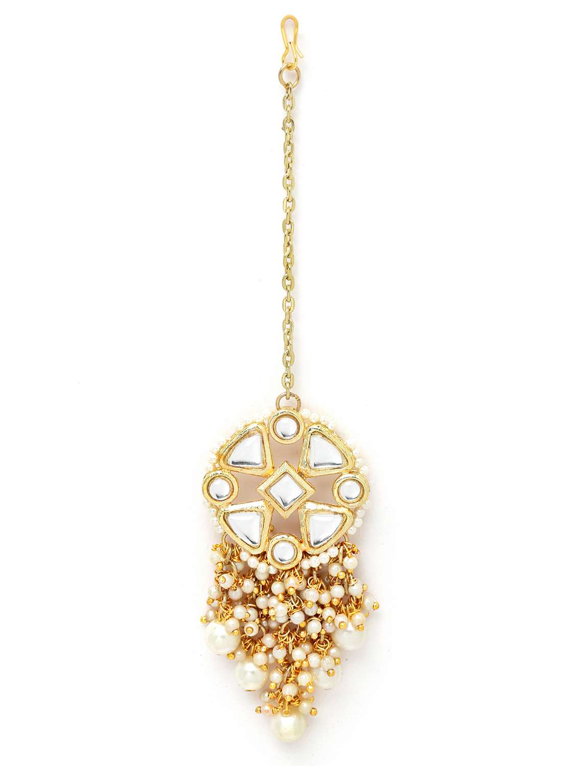 gold plated handcrafted pearl floral kundan necklace earring and maang tikka set  - 18635836 -  Standard Image - 3