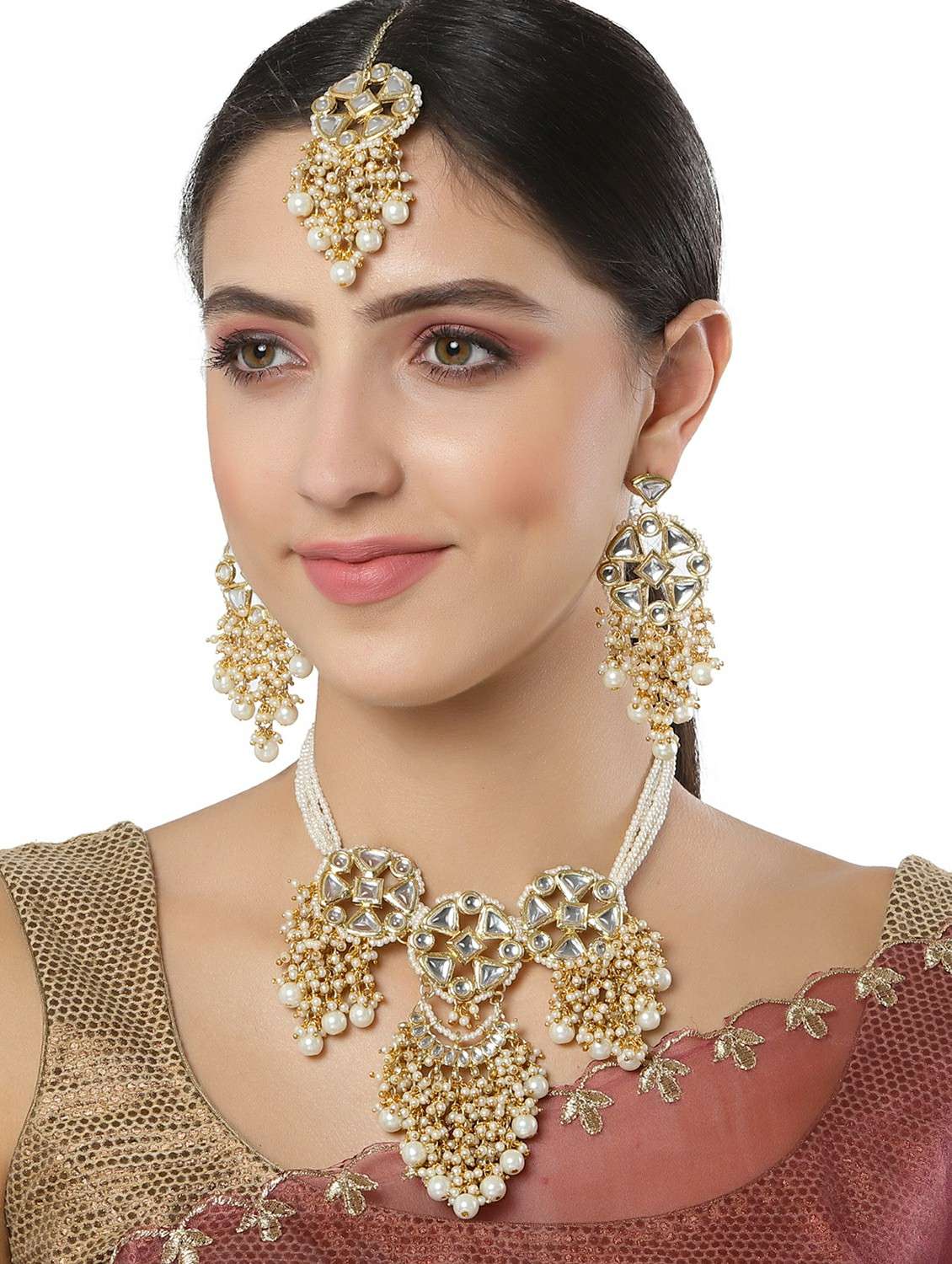 gold plated handcrafted pearl floral kundan necklace earring and maang tikka set  - 18635836 -  Standard Image - 5