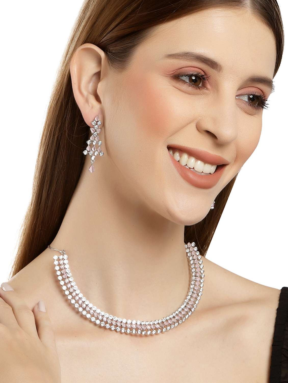 karatcart silver tone pink american diamond necklace set - 18635840 - Standard Image - 5