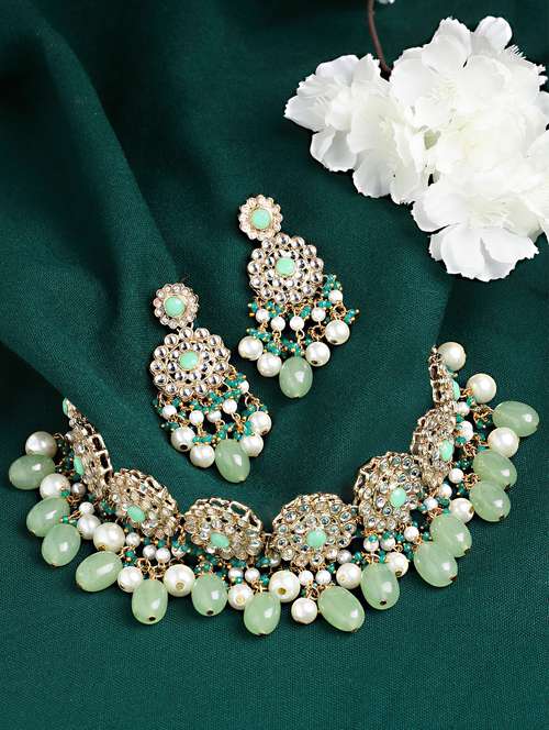 karatcart gold plated light green tumble and pearl studded kundan choker necklace set  - 18635861 -  Standard Image - 0