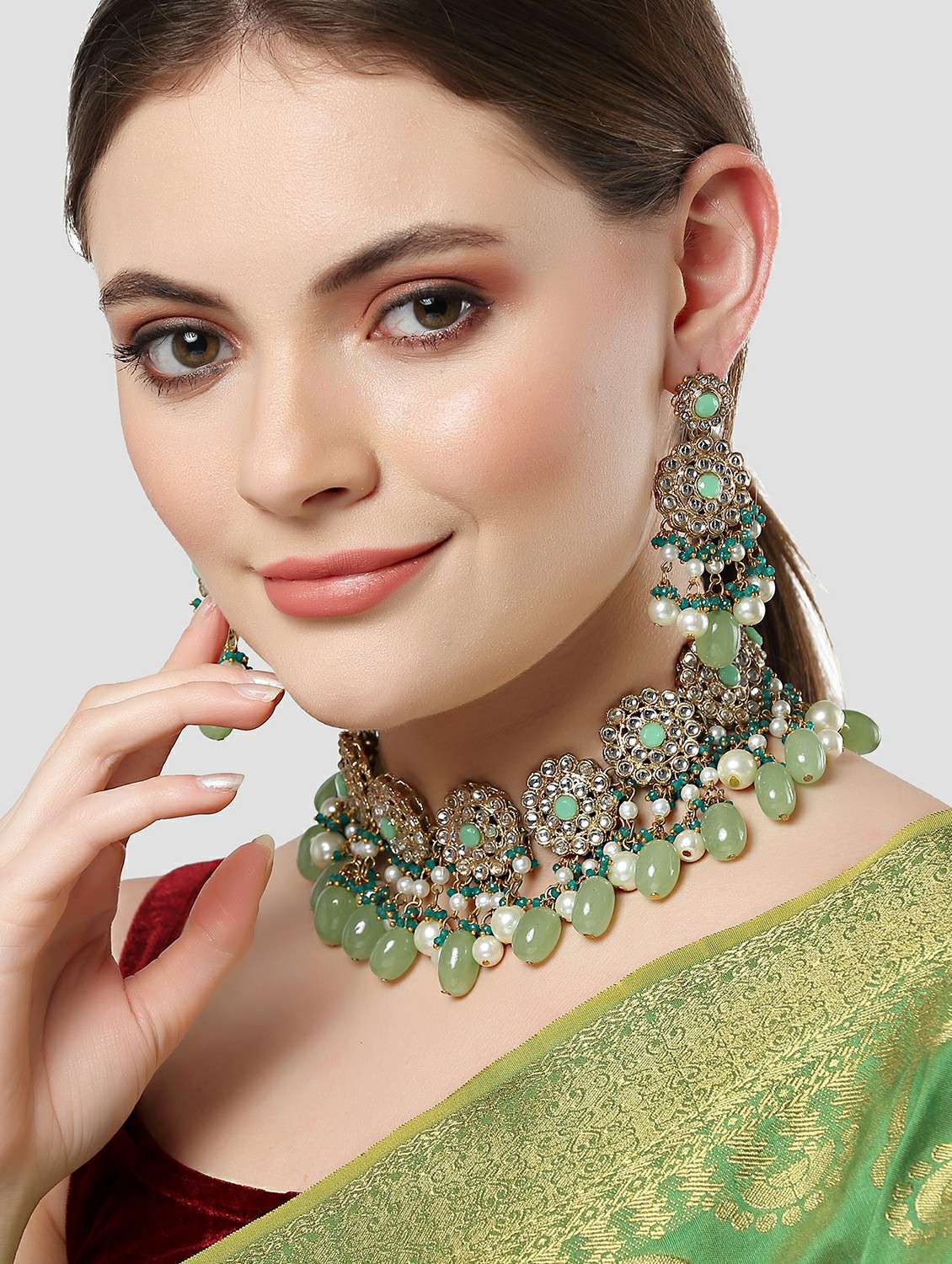 karatcart gold plated light green tumble and pearl studded kundan choker necklace set  - 18635861 -  Standard Image - 5