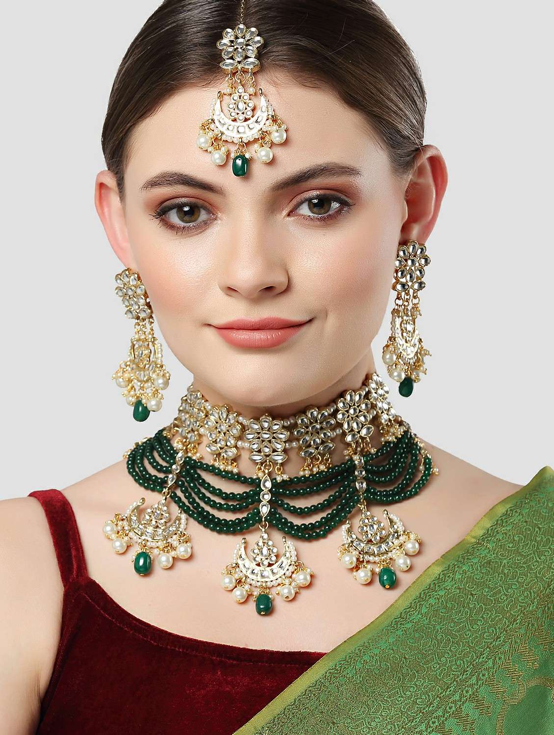 gold plated green beads multilayered kundan necklace earrings and maang tikka set - 18635867 - Standard Image - 5