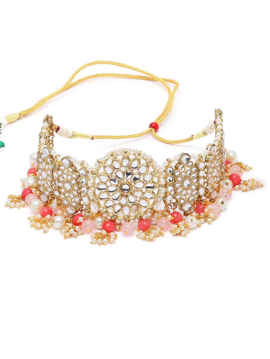 karatcart gold plated peach and pink beads kundan necklace earrings and maang tikka set - 18635881 - Standard Image - 3