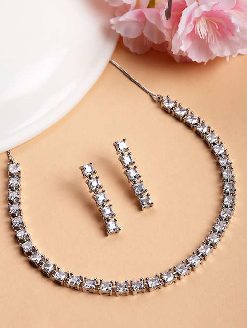 silver tone cubic zirconia studded necklace set - 18635899 - Standard Image - 0
