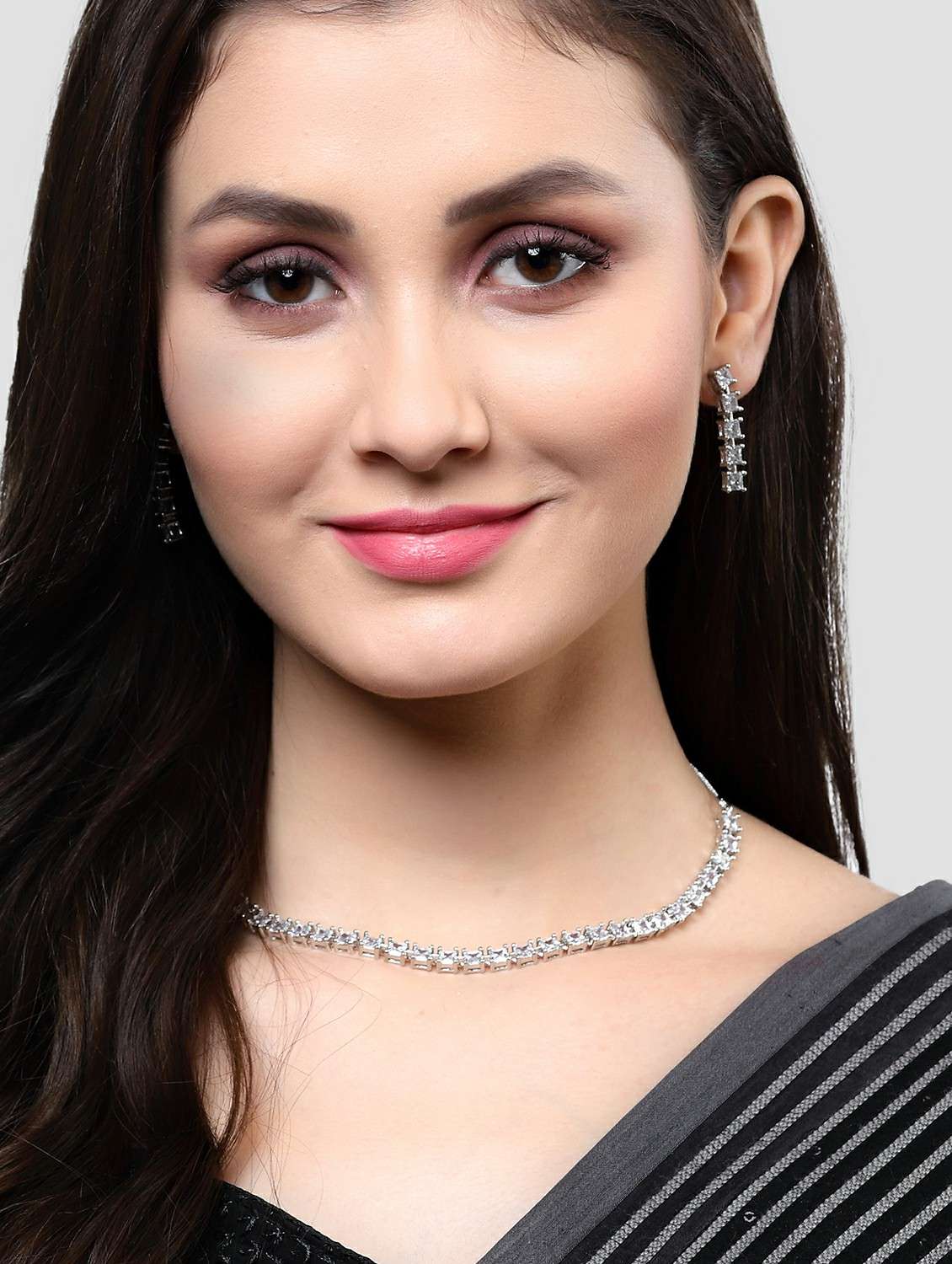 silver tone cubic zirconia studded necklace set - 18635899 - Standard Image - 5