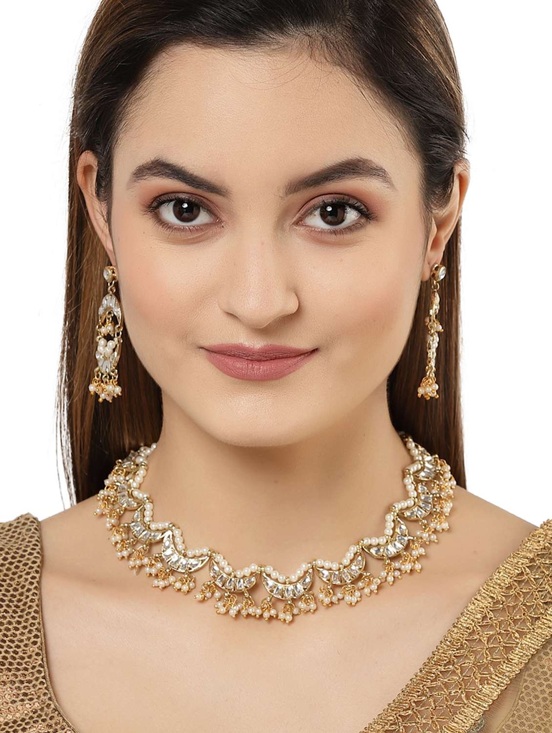 karatcart gold plated moon shaped white kundan neckalce set - 18635911 -  Standard Image - 5