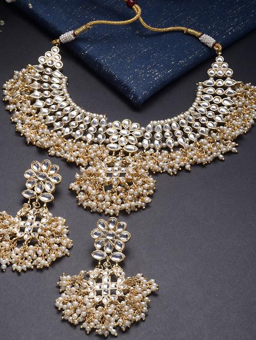 gold plated pearl kundan choker necklace with earring set - 18635912 - Standard Image - 0