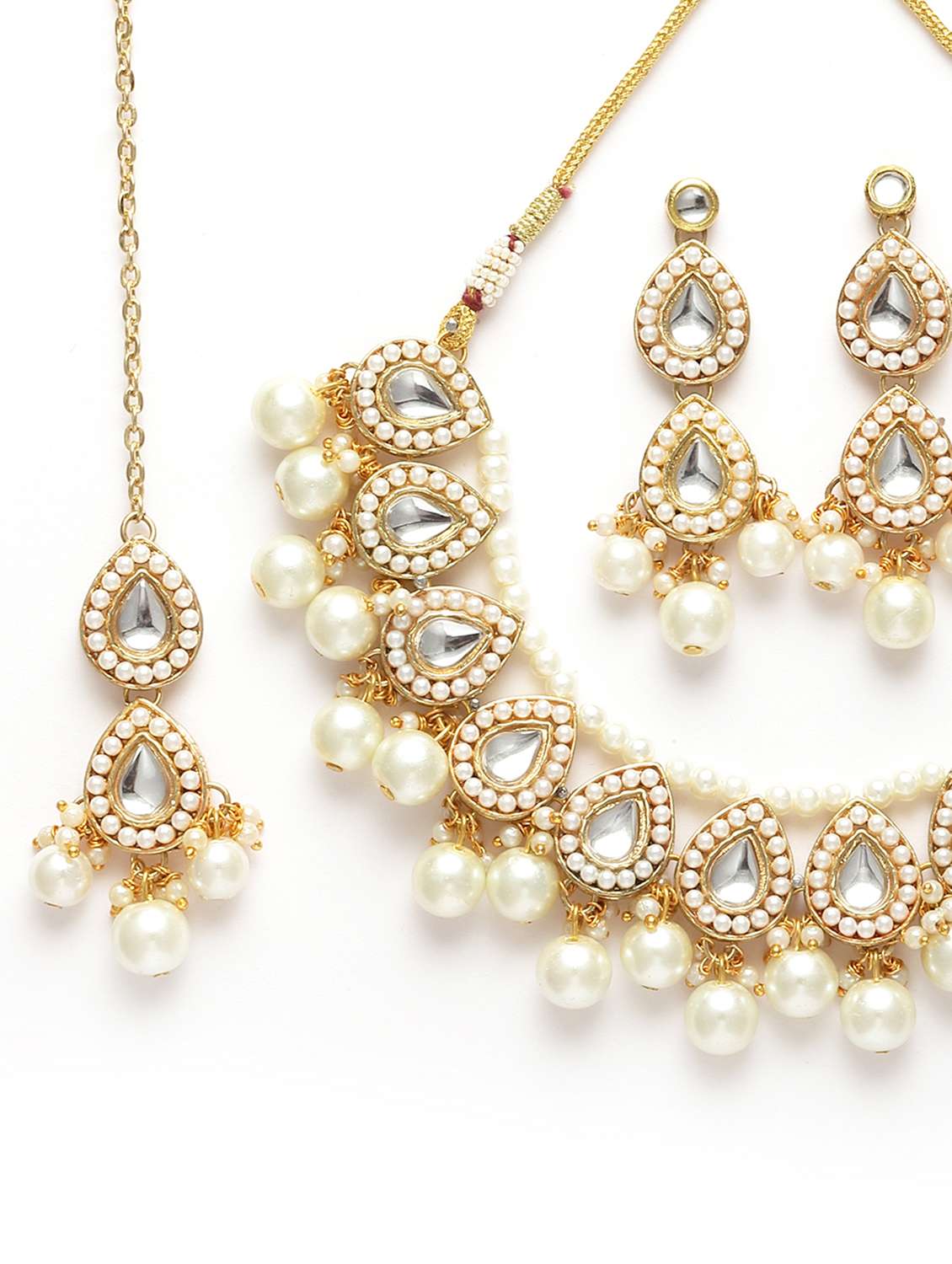 gold plated pearl and drop kundan necklace earrings and maang tikka set - 18635913 -  Standard Image - 3
