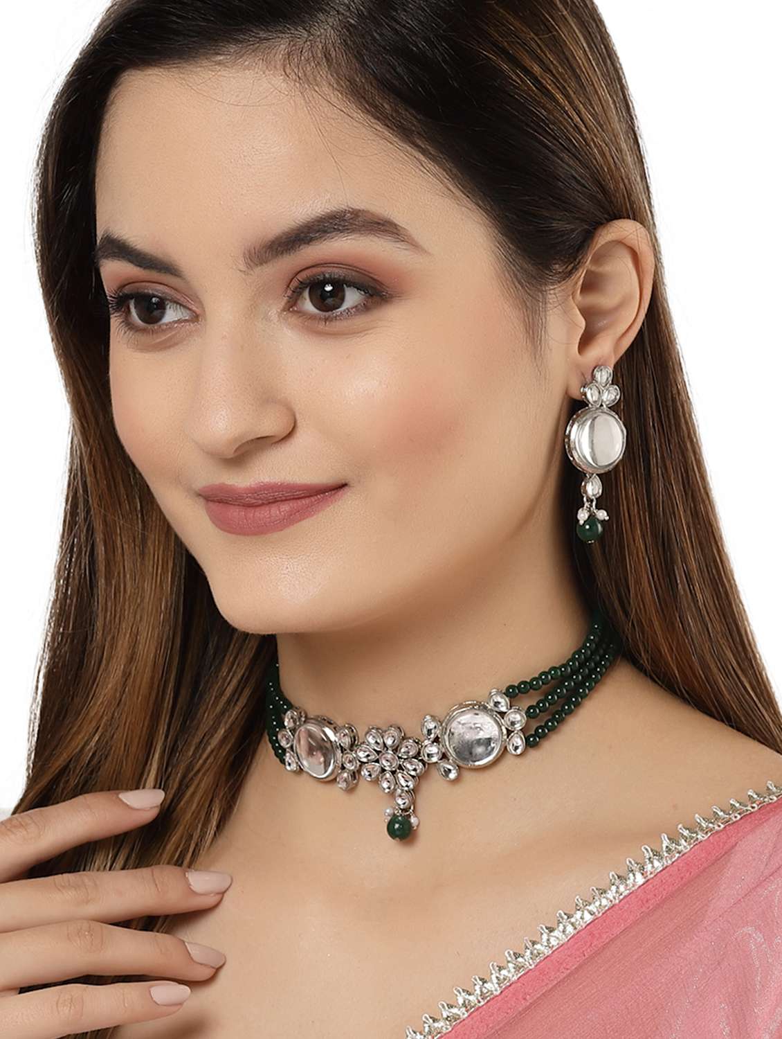 karatcart oxidised silver green multistrand embellished choker necklace set - 18635920 - Standard Image - 5
