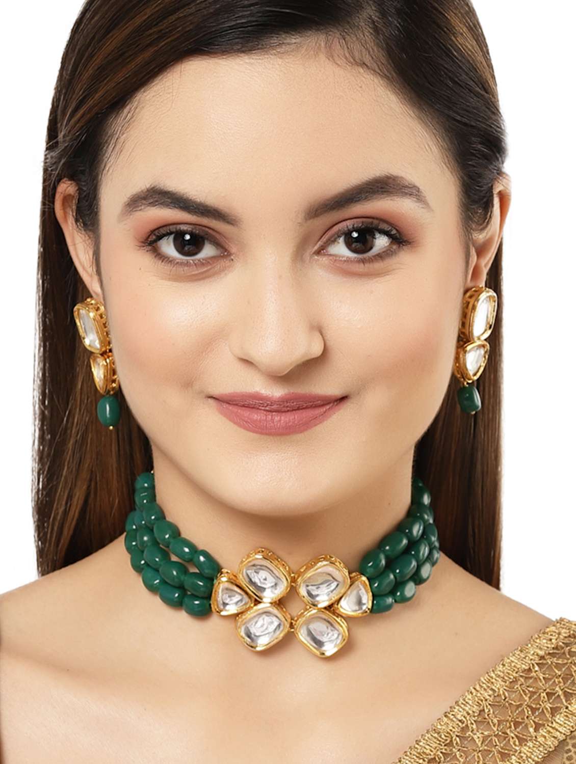 karatcart green tumble polki choker necklace set - 18635948 -  Standard Image - 5