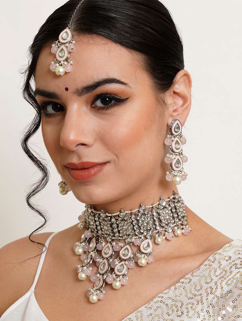 pink metal necklace earring and maang tikka set - 18635963 - Standard Image - 5