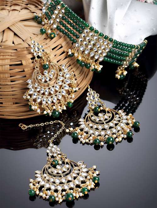 green metal necklace earring and maang tikka set - 18635980 -  Standard Image - 0