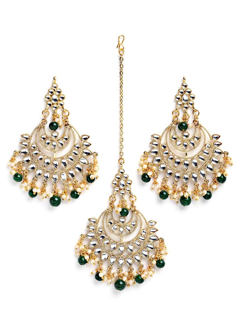 green metal necklace earring and maang tikka set - 18635980 -  Standard Image - 3