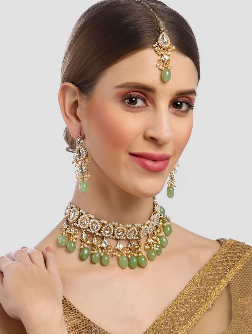 gold plated necklaces earring maang tikka set - 18636007 -  Standard Image - 5