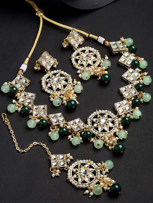 gold plated necklaces earring maang tikka set - 18636013 - Standard Image - 0