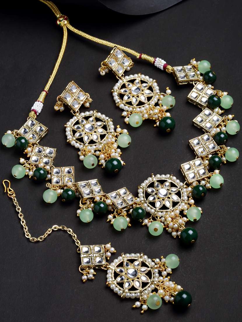 gold plated necklaces earring maang tikka set - 18636013 - Zoom Image - 0